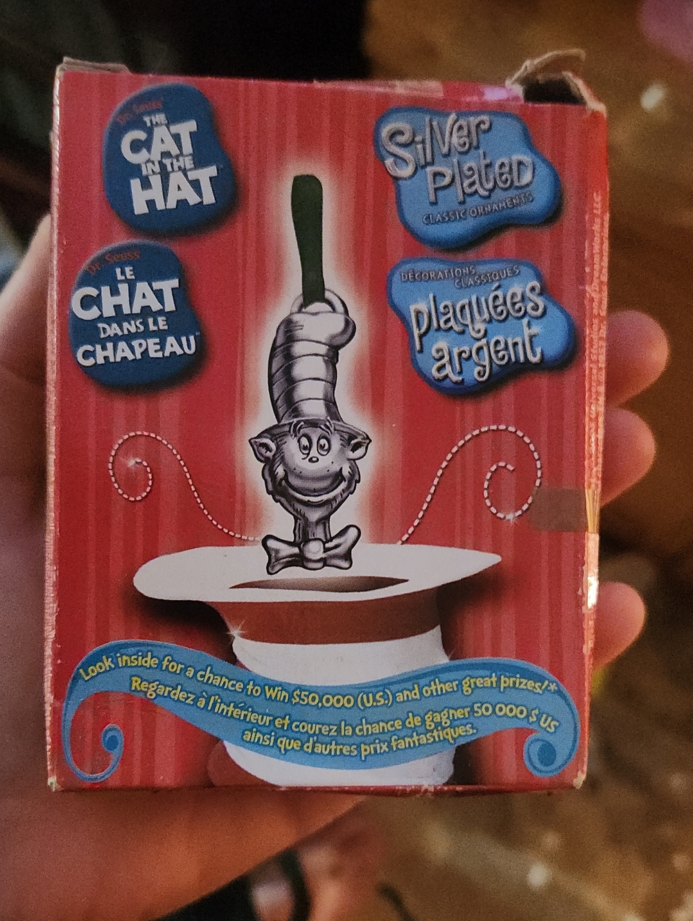 The Cat in the Hat Silver Plated Ornament - Red/White/Green
